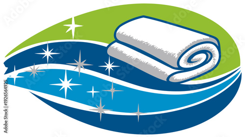 Clean, rolled white towels on an abstract wave design with star accents and blue, green, white