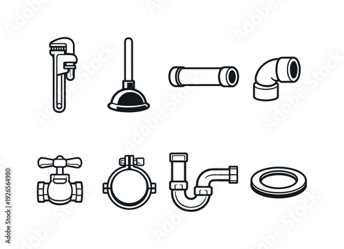 Bathroom plumbing parts: pipe wrench, plunger, pvc pipe, elbow joint, valve handle, pipe clamp, drain trap, rubber gasket