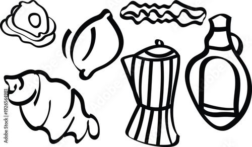 Mediterranean Food Ingredients Line Art Illustration with Olive Oil Garlic Lemon Fish Meat and Kitchen Pot Outline Vector Drawing