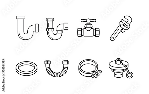 Bathroom plumbing parts: drain pipe, siphon, shutoff valve, pipe wrench, flexible hose, gasket ring, pipe clamp, drain plug