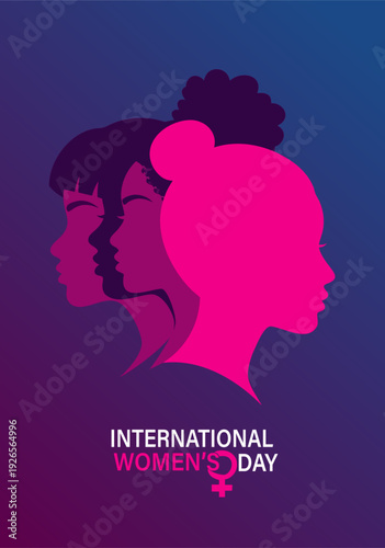International Women's Day Vector Illustration of Three Women's Profiles in Pink Purple Gradient Background Showcasing Solidarity Empowerment