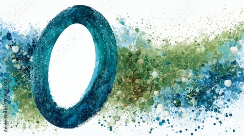 Artistic depiction of a letter "O" with watercolor effect and vibrant color splashes