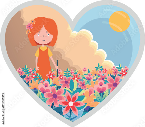 A girl stands in a flowerbed in a field against a backdrop of nature. The sun and clouds are on the horizon, and flowers are in her hair. The red-haired girl grows very beautiful flowers.