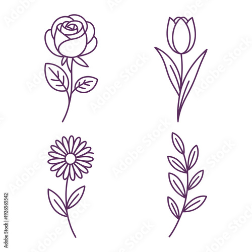 Nature and Floral Set - Rose, Tulip, Daisy, and Leafy Branch