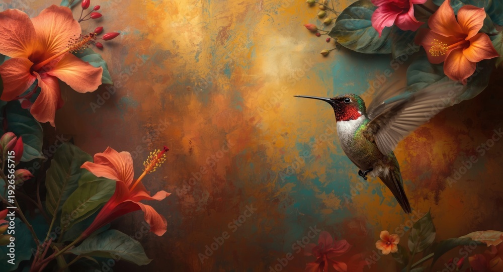 Obraz premium Richly textured artistic background showcasing a hummingbird and lively tropical flowers