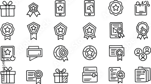 Customer loyalty reward program and achievement badge icon set with gifts certificates mobile app ratings