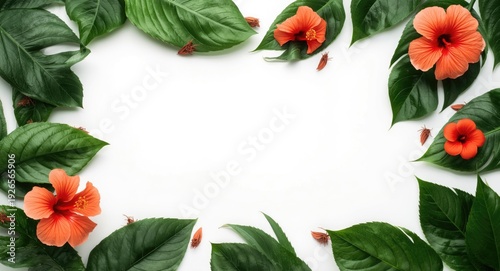 White background with lush green leaves framing bright orange hibiscus flowers and copy space