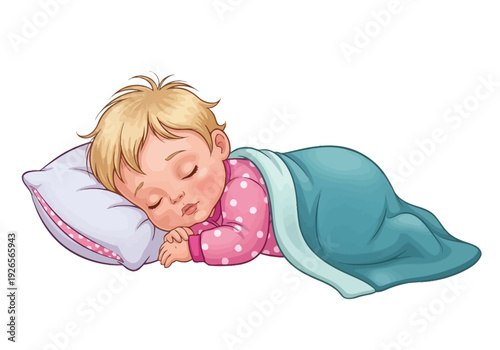 Cute Sleeping Baby Illustration in Pink Pajamas Under Soft Blue Blanket