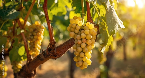 Moscato grapes with golden tones ripening sweetly on trellis vines