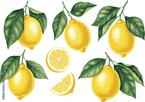 Fresh Yellow Lemon Fruit Set with Green Leaves and Slices for Kitchen Decor Citrus Juice Branding Organic Food Packaging and Mediterranean Summer Designs