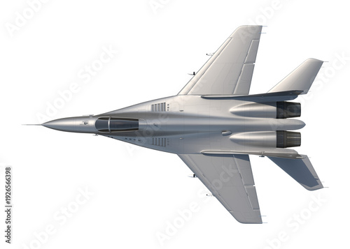 Cuadro en lienzo Top view of a modern silver fighter jet aircraft with twin engines and swept win