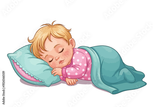 Cute Sleeping Baby Illustration in Pink Pajamas Under Soft Blue Blanket