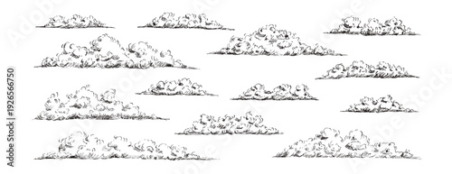 Sketchy clouds illustration with hand-drawn ink pen strokes and hatching. Vintage doodle sky. Retro line art nature beauty in classic black and white pencil sketch design. Vector linear set.