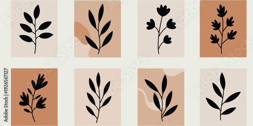 Eight minimalist botanical illustrations on pastel background panels in a grid