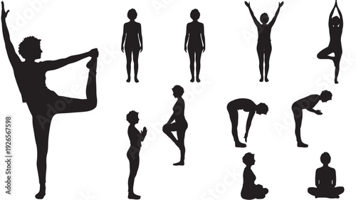 Yoga poses silhouette set with woman practicing balance, stretching, meditation and standing asanas, isolated black figures for fitness, wellness, mindfulness design