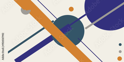 Abstract geometric composition with intersecting lines and shapes in orange blue and gray on white background