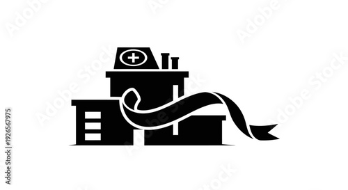 Hospital building with medical cross and ribbon logo design.