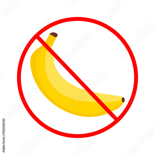 No Banana Prohibition Flat Vector Illustration. Flat vector prohibition icon with banana crossed out by red circle and diagonal line. Simple minimal illustration for food allergy warnings, diet restri