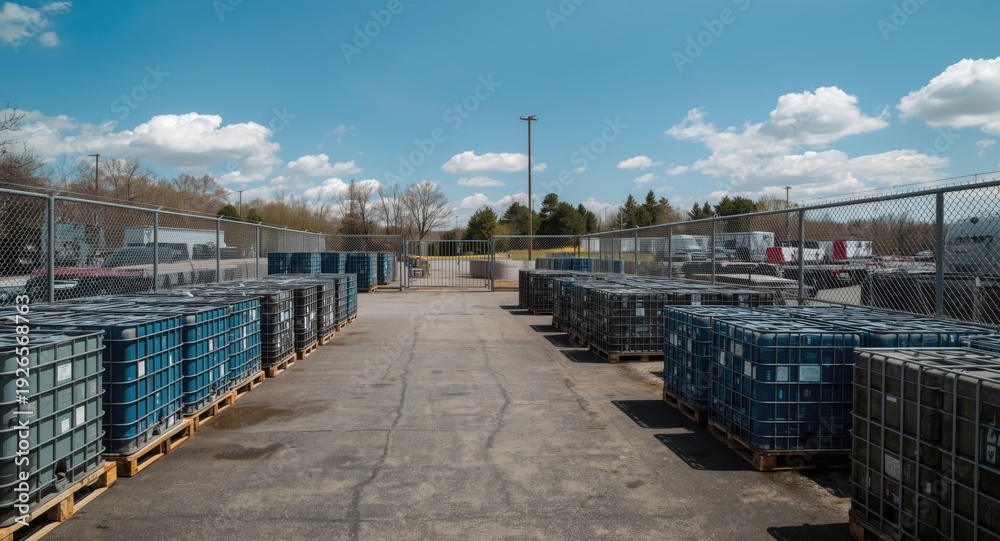 Obraz premium Outdoor storage of flammable petroleum barrels and gasoline containers in blue tanks on pallets