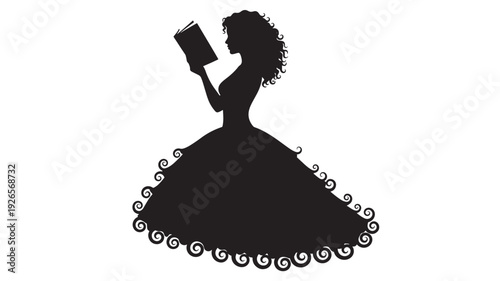 Girl silhouette reading book in long elegant dress with curly hair, black cutout style isolated on white background, literacy concept for education and library use