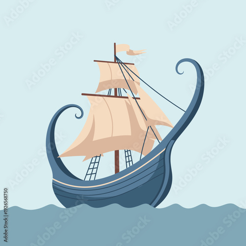 Stylized Viking ship with sails on blue ocean waves, flat illustration