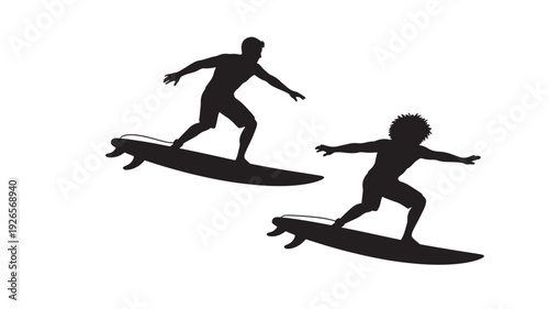 Surfers silhouette duo riding surfboards with dynamic balance poses, black cutout figures isolated on white background, ocean sport action illustration