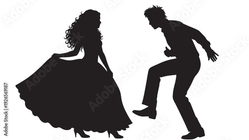 Dancers silhouette couple with woman in flowing dress and man stepping forward, elegant ballroom tango pose, black cutout figures isolated on white background