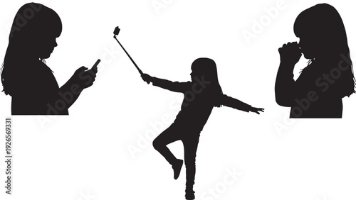Girls silhouette set with selfie stick and smartphone, dancing and posing together featuring friends, fun, playful with happy and carefree elements for youthful, energetic projects, clean composition