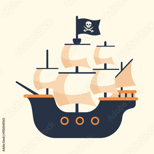 Pirate Ship with Jolly Roger Flag, Cartoon Style, Sailing on Calm Water