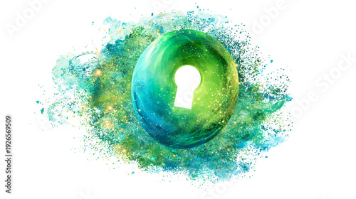 A vibrant, abstract illustration featuring a keyhole shape, surrounded by watercolor-like splatters