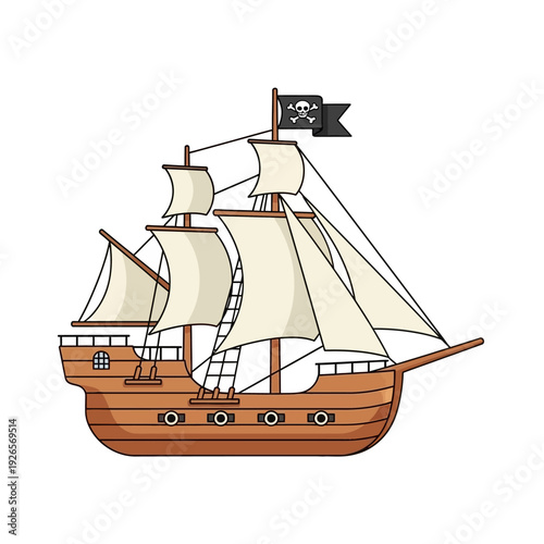Pirate Ship with Jolly Roger Flag Sailing