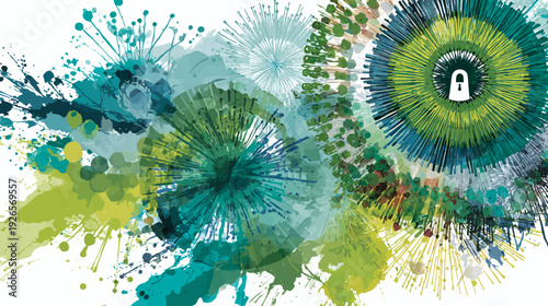 Abstract composition with splattered colors, concentric shapes, and a white padlock in the center