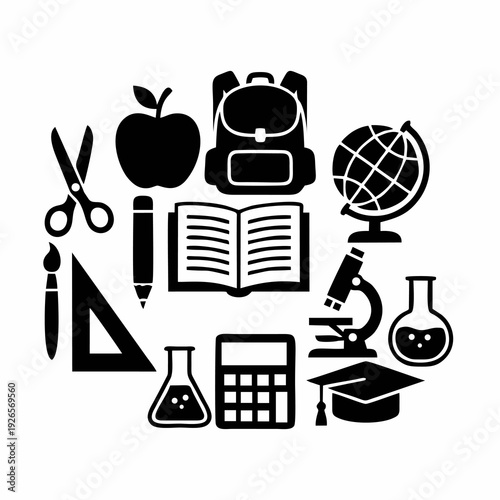 School supplies and education icons set, back to school flat vector elements collection isolated on white