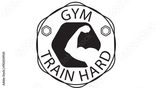 Gym logo badge with flexing bicep silhouette and train hard slogan, bold monochrome fitness emblem for workout club branding, apparel print, and gym poster design