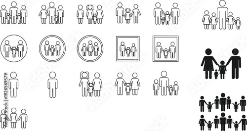 Family People Line Icon Set with Parents Children Couples and Community Outline Vector Collection