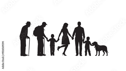 Family silhouettes set with dog and multiple generations walking together featuring people, relatives, pet with unity and love elements for care, support projects, clean composition on simple