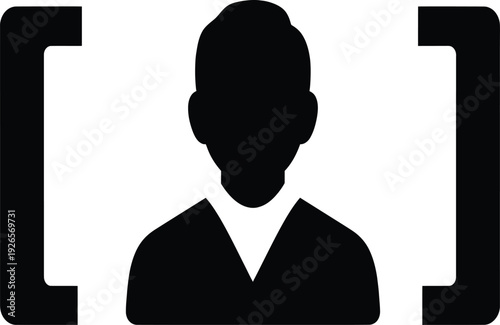 Silhouette icon of a persons head and shoulders within a frame representing profile or user identification isolated on white