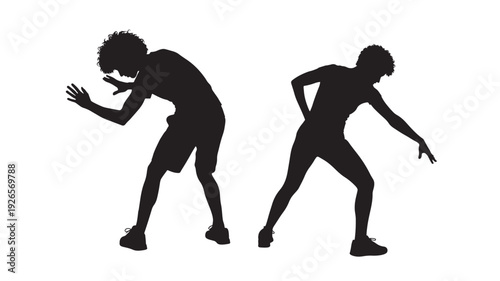 Dancers silhouette duo performing modern dance moves, expressive poses in black cutout style isolated on white background, contemporary choreography concept illustration
