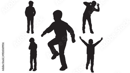 Kids silhouette set with five child poses standing jumping and cheering, black isolated figures on white background for education, playtime, motion design
