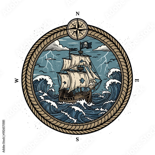 Pirate Ship Sailing Through Stormy Seas with Lightning and Waves
