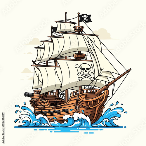 Pirate Ship Sailing on Wavy Sea with Jolly Roger Flag