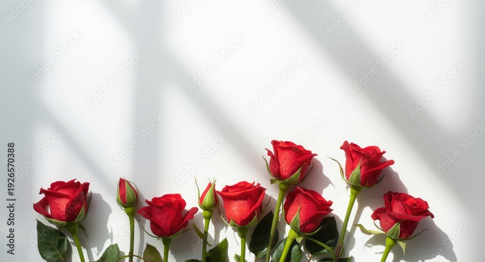 Fototapeta premium red roses arranged in different flowering stages with white background