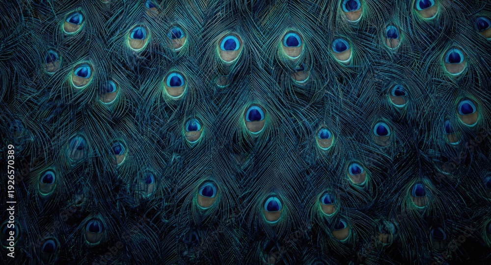Obraz premium Peacock feather texture with blue color scheme and decorative eye pattern frame plus copy space