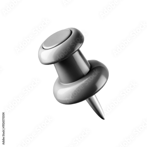 Black and white halftone illustration of push pin isolated on white background. Retro engraving style office supply icon for note and reminder concept.