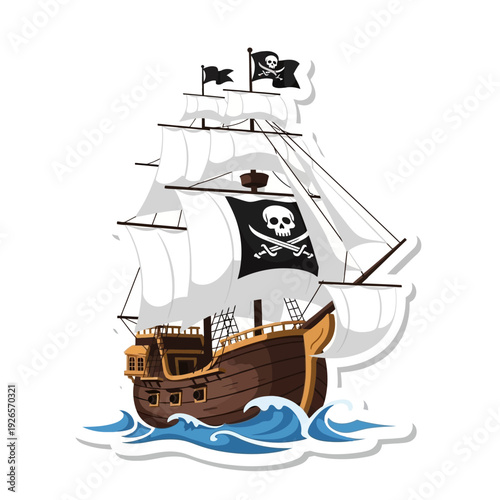 Pirate Ship Sailing on Wavy Ocean with Jolly Roger Flag