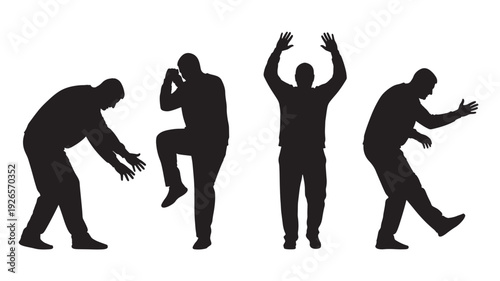 Men silhouette set with four male figures in different poses, stumbling and raising hands, black isolated people icons for safety warning, drunk behavior concept