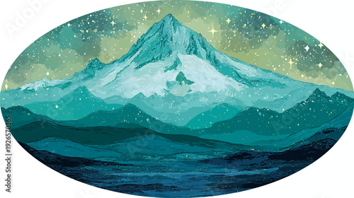 Digitally painted oval artwork depicts a mountain range under a starry sky. Blues and greens are dominant