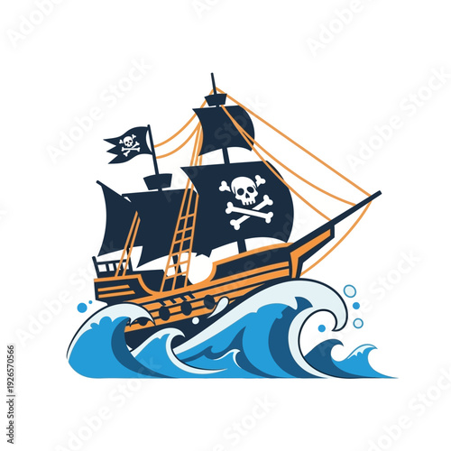 Pirate Ship Sailing on Rough Seas with Jolly Roger Flag
