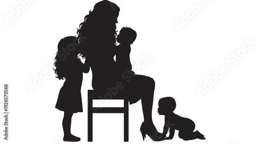 Mother silhouette with children on chair isolated on white background with minimalist design and black color featuring family, motherhood, parenting with love and care elements for nurturing, family
