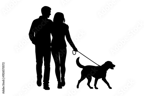Silhouette of young caucasian couple walking dog on leash.